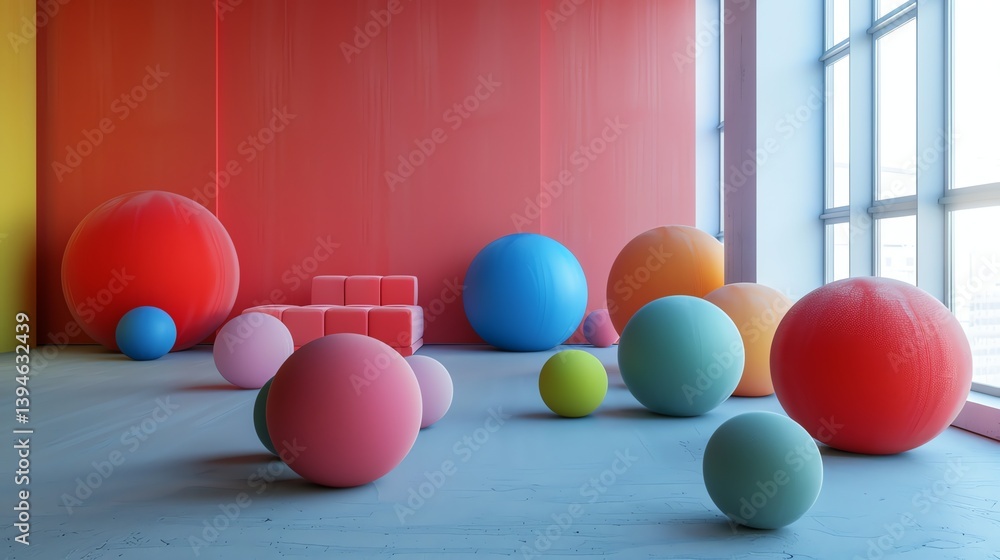Poster 3d rendering of a room with colorful balls. the balls are of different sizes and colors, and they ar
