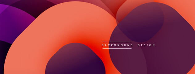 Abstract composition featuring overlapping circles. Gradient shades transition from vibrant orange to deep purple. Modern design evokes fluidity, depth, visual interest.