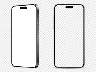 Mockup of mobile phone. Front and side view with white and empty screen on transparent background.