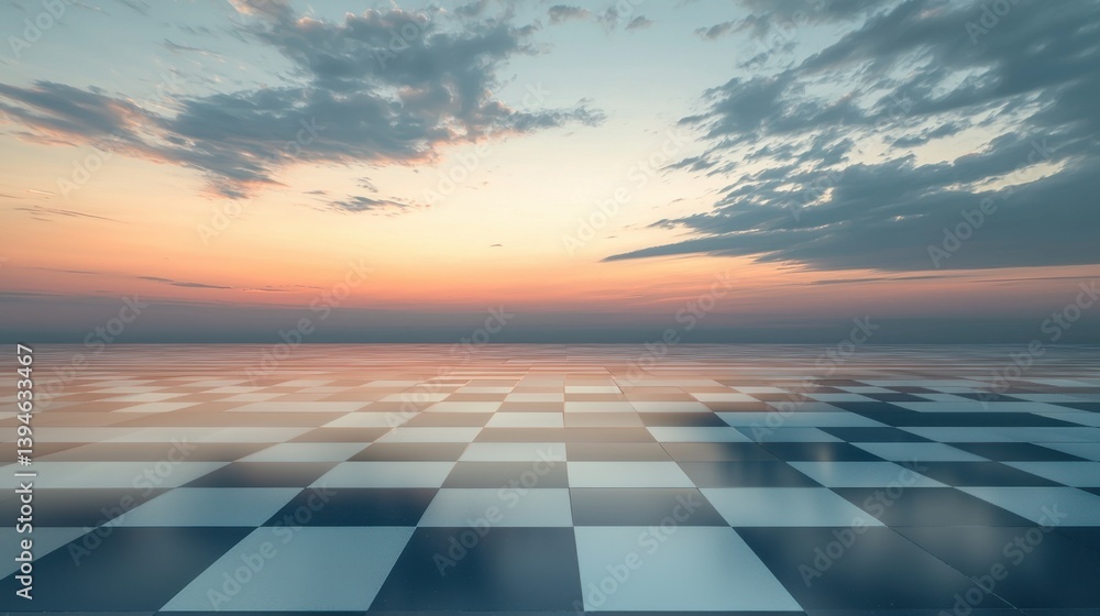 Poster tilted checkered chessboard pattern fading into the horizon, creating a sense of infinite depth and 