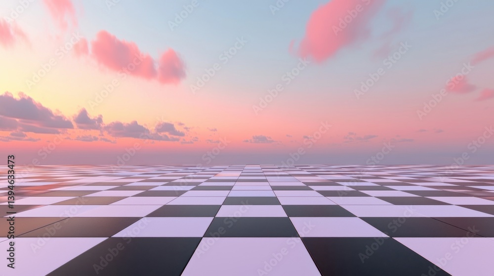 Poster tilted checkered chessboard pattern fading into the horizon, creating a sense of infinite depth and 