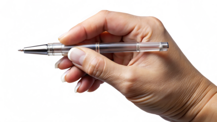 Hand holding silver pen isolated on white background