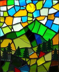 Fototapeta premium Radiant Dawn: Upcycled Stained Glass Landscape