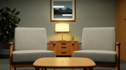 Serene living room featuring two cozy armchairs, a wooden coffee table, and a soothing ambiance for relaxation.