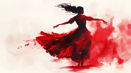 passionate flamenco dancer flowing red dress is depicted bold watercolor strokes, exuding energy and grace against light background. dynamic movement and vibrant red tones evoke emotion