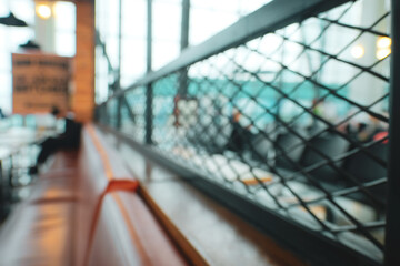 Blurred Indoor Seating Area with Metal Mesh Partition in Modern Space