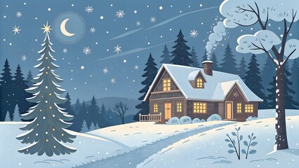 Naklejka premium Snowy christmas eve with quaint cottage and tree. Stardrift. Illustration
