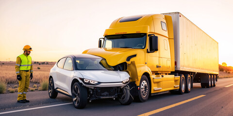 Broken car, scene wreck, front rig heavy dents. Tow big crash, first local tir route. Haul drive risk, rural road jam end. Large semi truck rear gear site, safety aid driver claim, long cargo repair