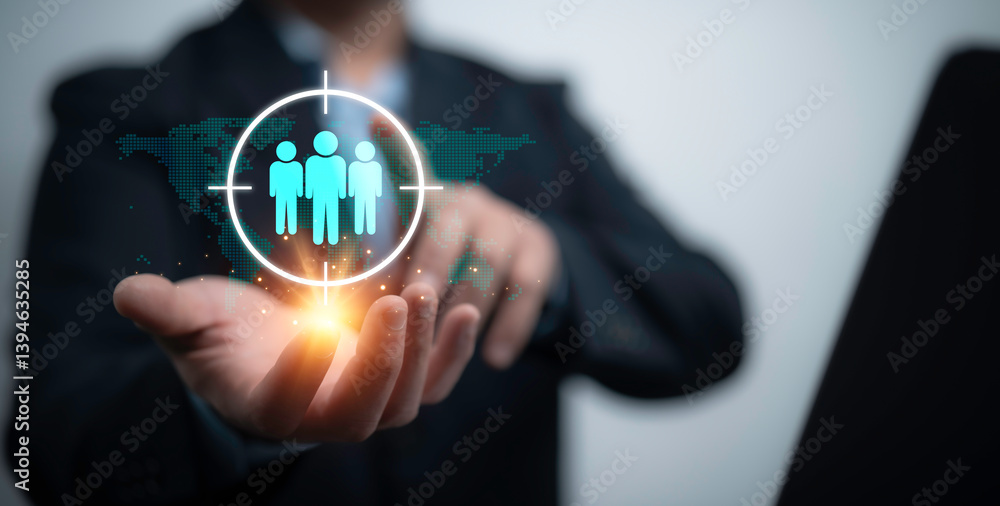 Poster businessman focusing on digital target audience using virtual interface to select and manage custome