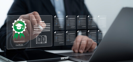 Business professional filling an online certification form on a digital interface, highlighting...