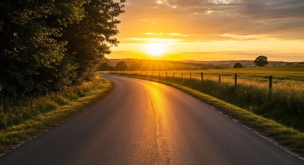 Obraz premium Golden Sunset Country Road Asphalt Highway Scenic Landscape