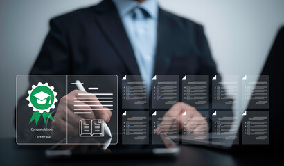 Businessman receiving digital certificate icon symbolizing academic or professional achievement, online education, and successful test completion