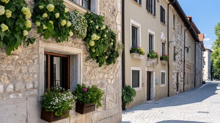 Naklejka premium european architecture, an old european street adorned with classical buildings, ornate facades, and cobblestone paths, exuding timeless architectural beauty