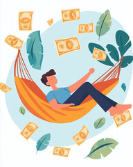 vector illustration of a relaxed person on a hammock with floating dollar