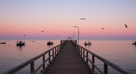 Obraz premium Serene Sunrise Pier Fishing Boats Calm Ocean Seagulls