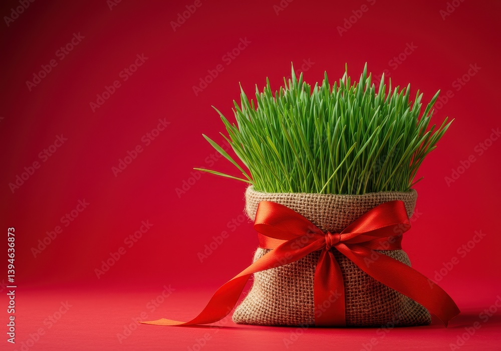 Poster a pot of green grass wrapped with burlap and a red ribbon sitting on a red surface plain background