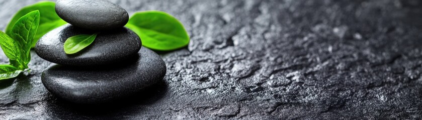 Zen stones and leaves on dark surface