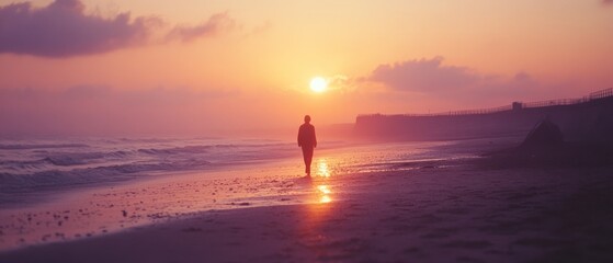 A solitary figure strolls along the beach with a breathtaking sunset painting the sky in hues of orange and purple, evoking peace and solitude.