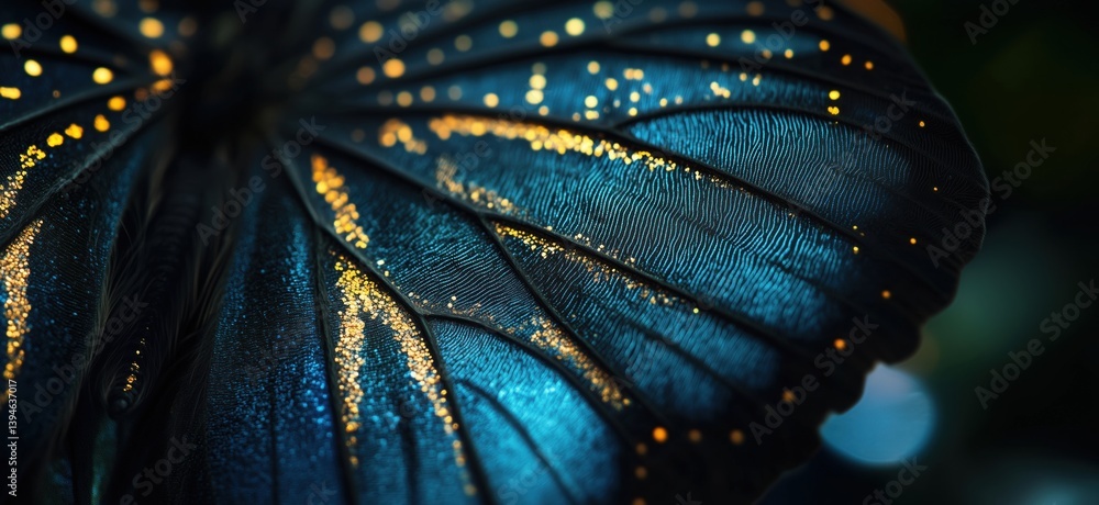 Poster close-up of iridescent butterfly wing showcasing intricate patterns and shimmering details