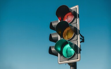 Traffic Signal Display Under a Clear Blue Sky on a Sunny Day