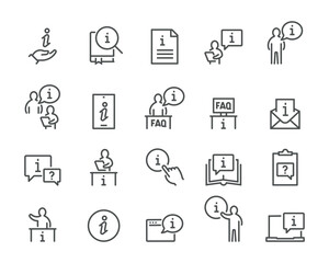  Set of vector icons "Information Support and Assistance" (linear style)- operator, book, "i" marker, reader, question clouds, FAQ, etc