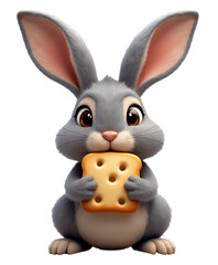 Obraz premium Cute Gray Bunny Holding Cracker, Transparent Background, Animal Cartoon.