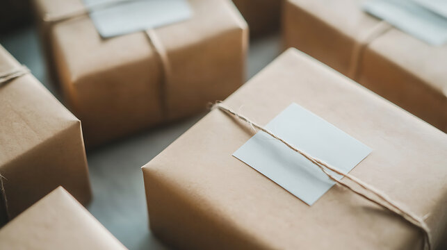 Brown paper packages tied with string and blank white labels, arranged closely together, evoke sense of simplicity and eco friendly packaging