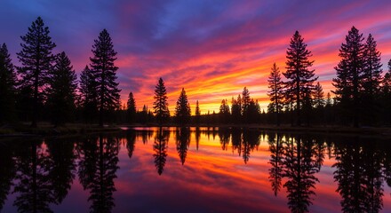 Fototapeta premium Vibrant Sunset over Still Lake with Silhouetted Pine Trees