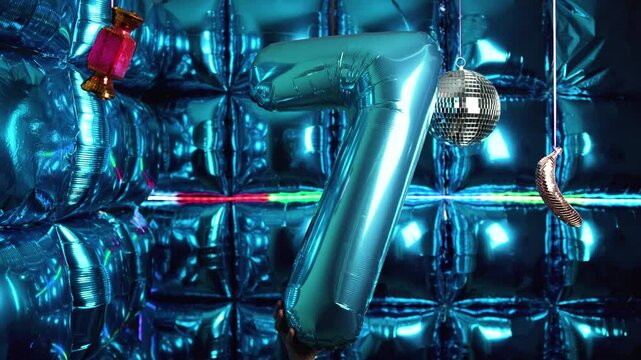 Celebration Atmosphere with Number 7 Foil Balloon and Reflective Disco Balls