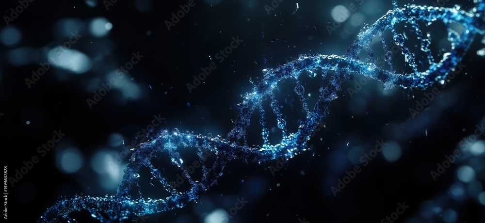 Poster 3d representation of dna double helix structure with glowing blue particles