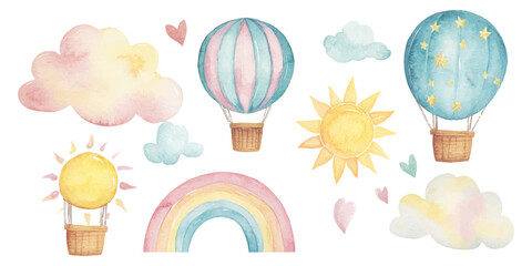 Watercolor hot air balloon clipart set with clouds, sun, and rainbow on a white background.