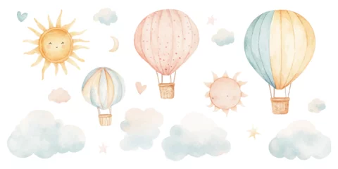Poster Watercolor hot air balloon clipart set with clouds, sun, and rainbow on a white background.