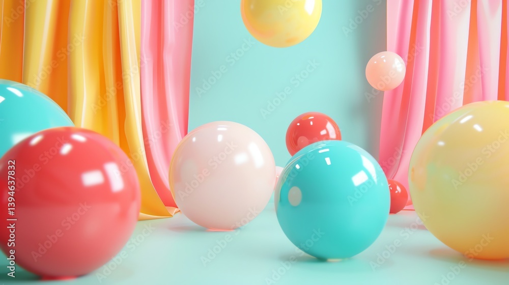 Poster 3d rendering of a colorful abstract background with floating spheres and soft pink and yellow curtai