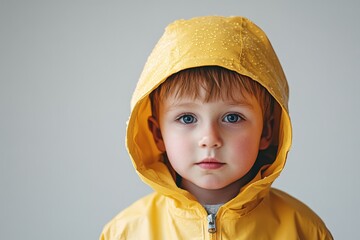 A young boy wearing a yellow hooded raincoat looking forward