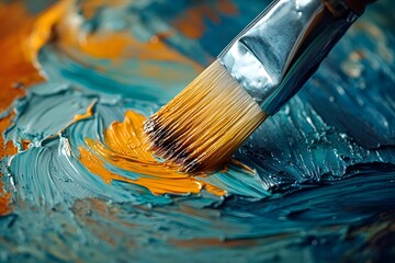 Fototapeta premium Close-Up of Paintbrush Blending Blue Acrylic Paint on Canvas, Artistic Texture and Creative Process