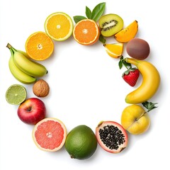 Colorful fruit arrangement kitchen table food photography bright environment overhead view freshness concept