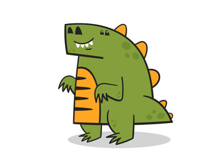 Cute cartoon illustration of a smiling green dinosaur with orange spikes and a striped belly. The fun and playful character stands on two legs with a cheerful expression. Vector illustration.