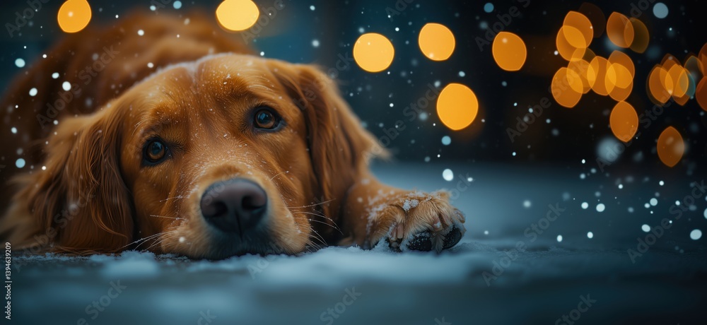 Poster golden retriever dog resting in snow with festive bokeh lights in background