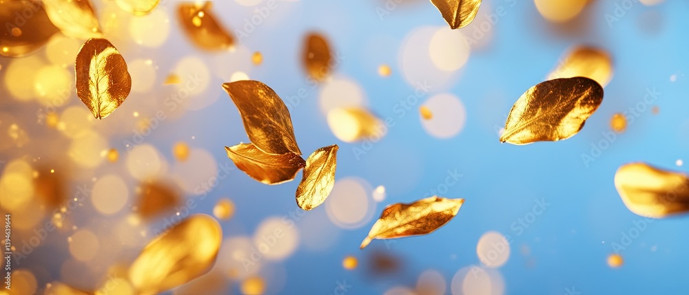 Poster golden leaves floating with bokeh lights