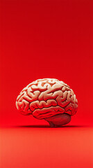 Human brain on a red background, vertical image