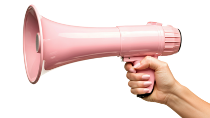 Png of A female hand holding a bright pink megaphone, symbolizing empowerment and communication.