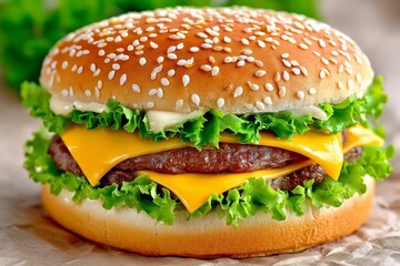 Deliciosa hamburguesa casera con carne crujiente, lechuga fresca y queso derretido