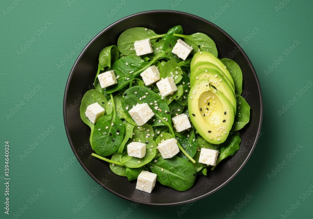 Poster a top view of a spinach and avocado salad with tofu in a black bowl on a green background surface