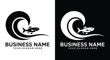 Wave and Fish Logo Bold Black Fluidity for Seafood Brands