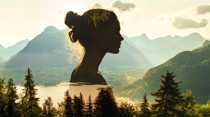 Double exposure of a girl silhouette blended with a natural landscape, symbolizing harmony with nature, freedom, and peaceful connection to the environment. Concept of youth, nature, self-discovery