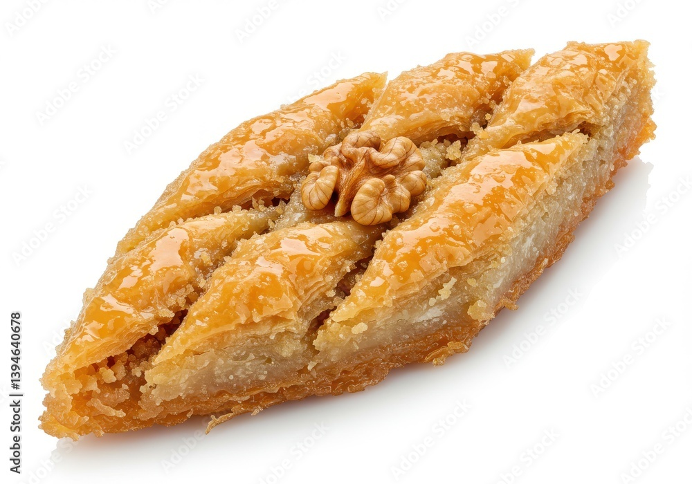 Poster close up view of a single piece of baklava topped with a walnut on a white background surface
