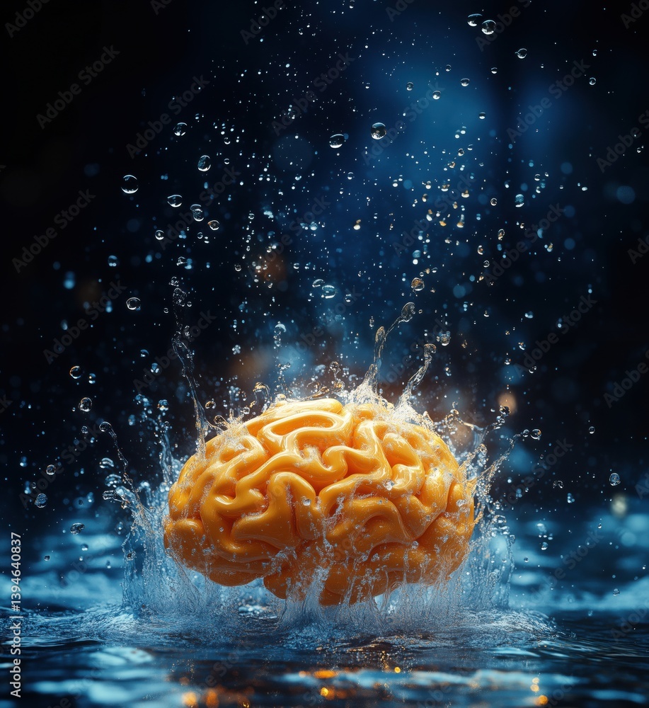 Poster vibrant orange brain splashing in water with droplets creating dynamic visual effect