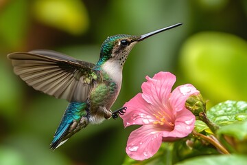 Fototapeta premium Hummingbird Hovering and Feeding on Pink Flower in Sunlit Garden, Nature Wildlife Photography
