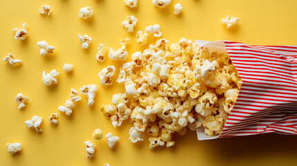 striped paper bag of buttery popcorn spills onto vibrant yellow background, creating playful and appetizing scene. golden popcorn contrasts beautifully with bright surface