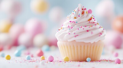 Adorable, sugary cupcake with pastel icing and sprinkles